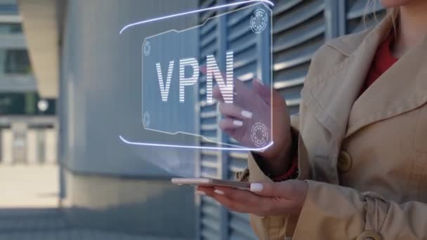 Businesswoman interagisce con HUD VPN — Video Stock