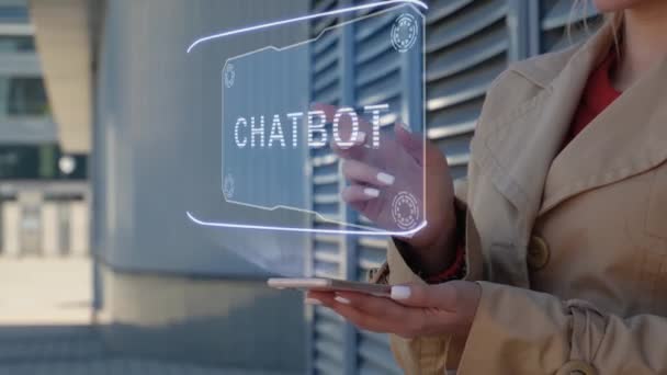 Üzletasszony interakciók HUD Chatbot — Stock videók