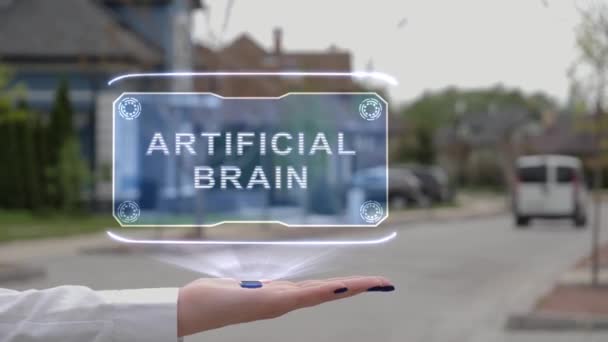Ženská ruka ukazující hologram Umělý mozek — Stock video