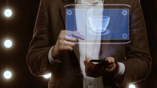 Affärsman visar hologram med kopp kaffe — Stockvideo