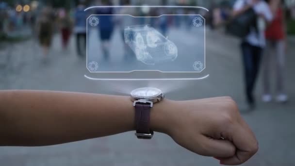 Vrouwelijke hand met hologram chassis — Stockvideo