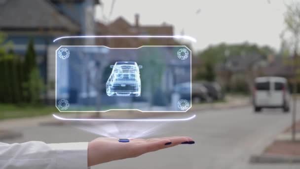 Female hand showing hologram pickup truck — Stock Video