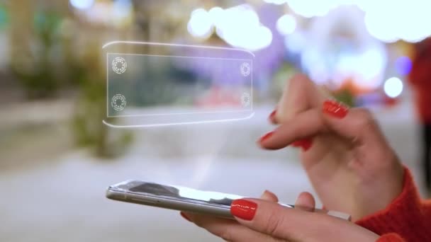 Les mains féminines interagissent hologramme HUD Marchandises — Video