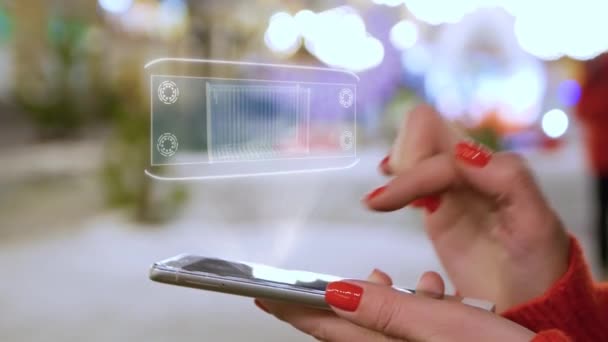 Ręce kobiet oddziałują na kontener ładunkowy HUD hologram — Wideo stockowe