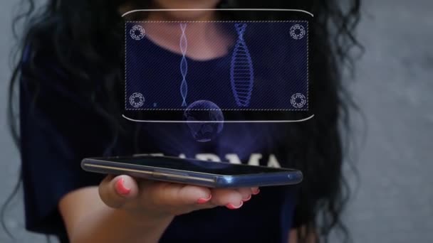 Woman showing HUD hologram DNA — Stock Video