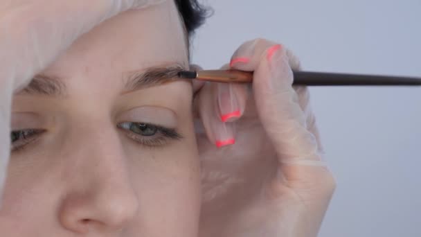 Kosmetikerin korrigiert Augenbrauen — Stockvideo