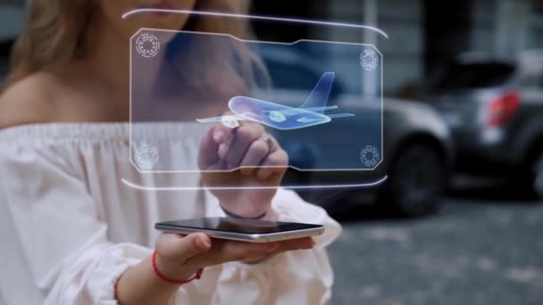 Rubia interactúa HUD holograma avión de pasajeros — Vídeo de stock