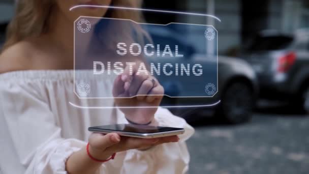 Blond interageert HUD hologram Social Distancing — Stockvideo