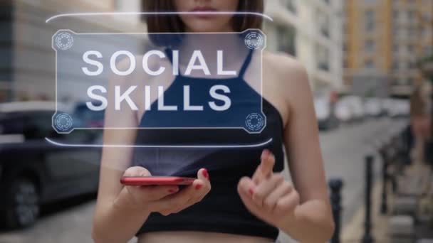 Young adult interacts hologram Social Skills — стоковое видео