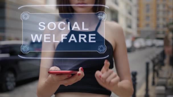 Young adult interacts hologram Social welfare — ストック動画