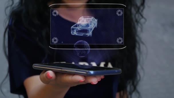 Woman showing HUD hologram pickup truck — Stock Video