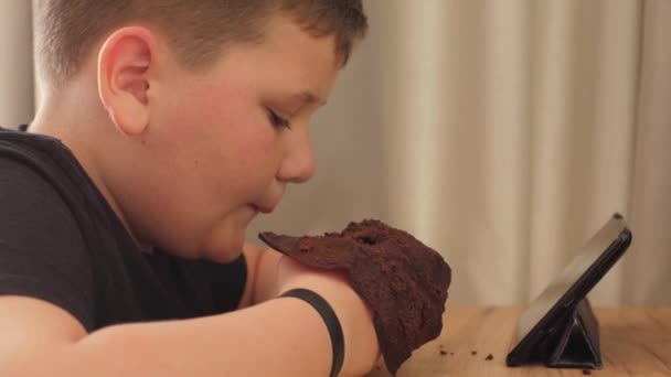 Jongen die muffin eet — Stockvideo