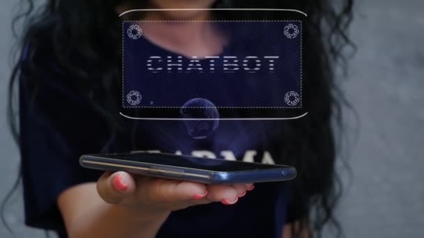 Woman showing HUD hologram Chatbot — Stock Video