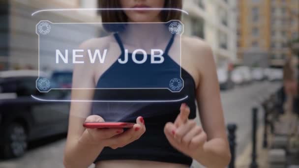 Young adult interacts hologram New Job — Stock Video