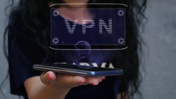 Woman showing HUD hologram VPN — Stock Video