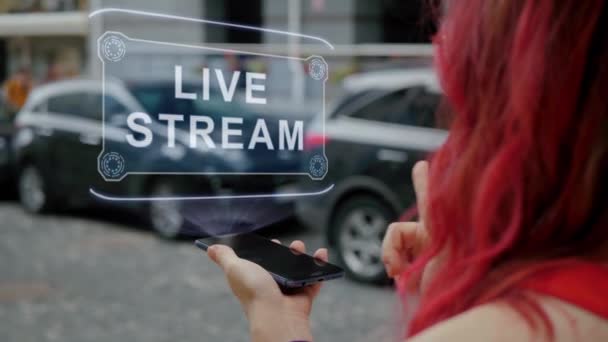 Röd kvinna interagerar med HUD Live Stream — Stockvideo