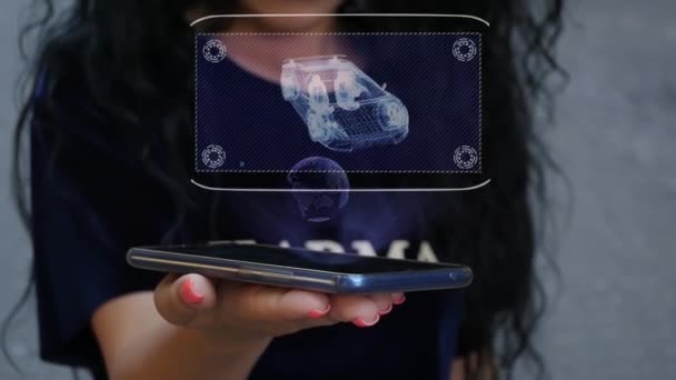 Woman showing HUD hologram chassis — Stock Video