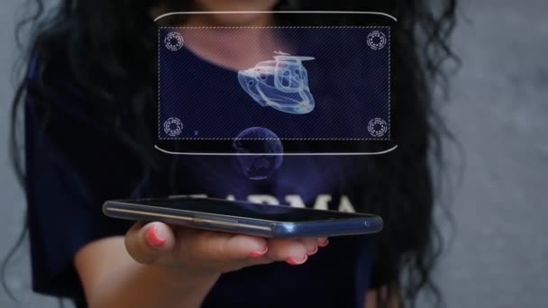 Mulher mostrando holograma HUD iate de luxo — Vídeo de Stock
