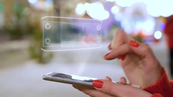 Las manos femeninas interactúan HUD holograma ultra portátil — Vídeos de Stock