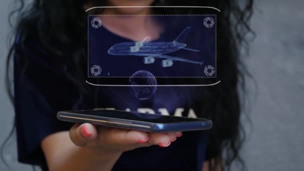 Mujer mostrando HUD holograma aviones de pasajeros grandes — Vídeos de Stock