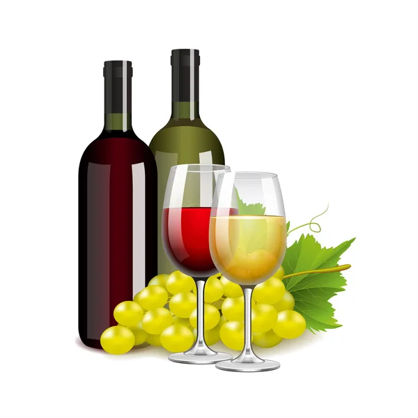 Vin flaskor glasögon och druvor isolerad på vit vektor — Stock vektor