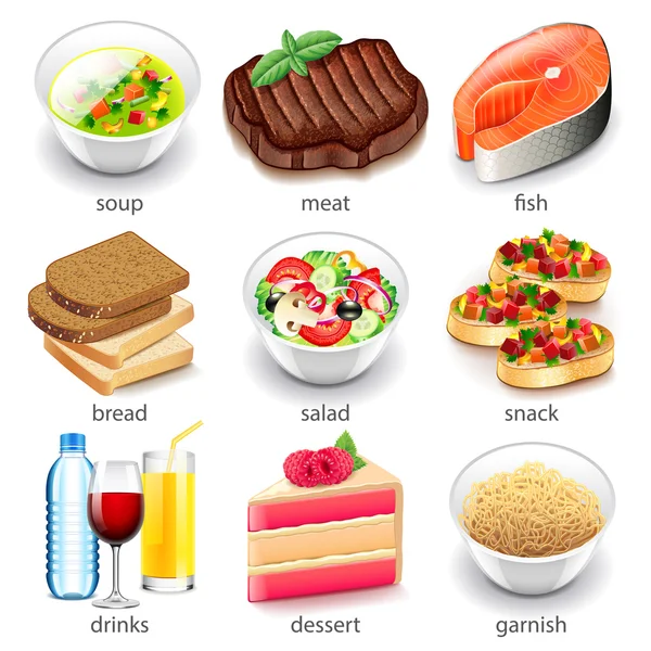 Types d'aliments icônes ensemble vectoriel — Image vectorielle