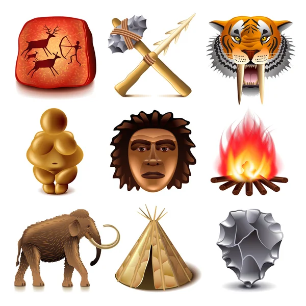 Gente prehistórica iconos vector conjunto — Vector de stock