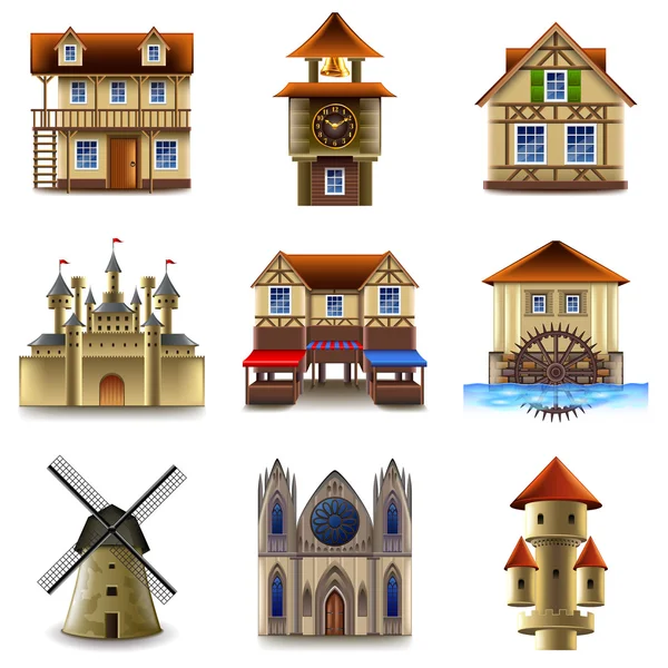 Edificios medievales iconos vector conjunto — Archivo Imágenes Vectoriales