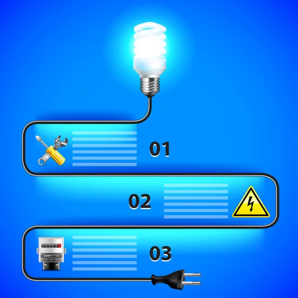 Infografías de electricidad. Bombilla de ahorro de energía y alambre — Vector de stock