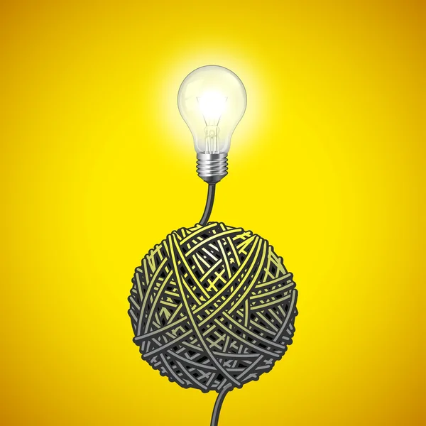 Light bulb and tangled wire on yellow background — Stock Vector