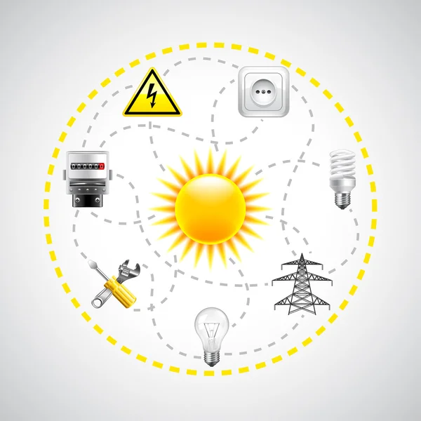 Herramientas solares y eléctricas, conectadas con líneas punteadas — Vector de stock