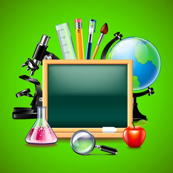 Blank green blackboard and other school tools — Stock Vector