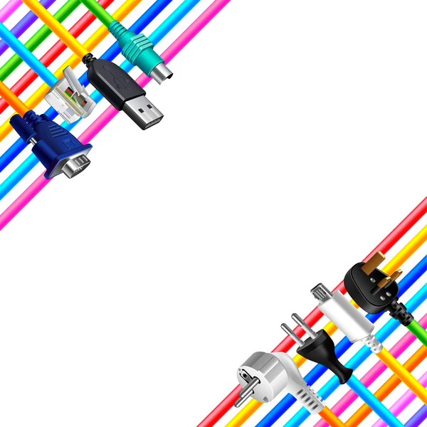 Cables coloridos y enchufes en esquinas vector aislado — Vector de stock