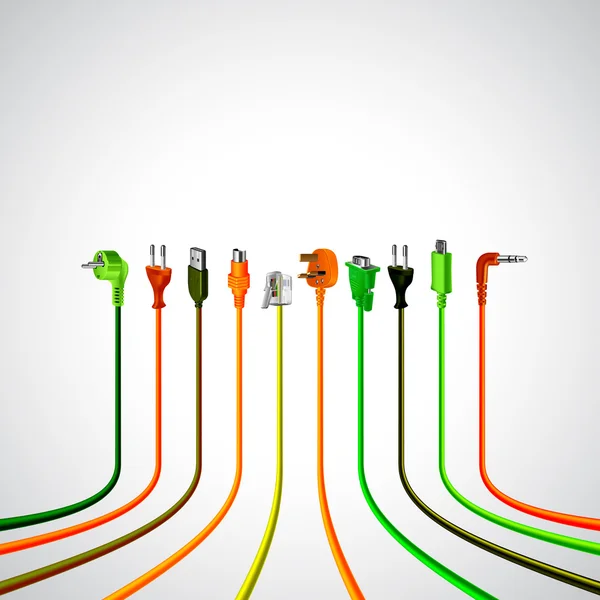 Cables de cable de enchufe coloridos en perspectiva — Vector de stock