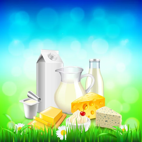 Молочные продукты на зеленой траве, голубое небо фоне — стоковый вектор
