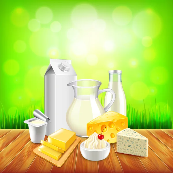 Dairy products on wooden table, green grass background — Stock Vector