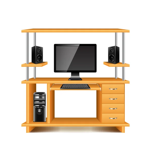Schreibtisch mit Computer und Lautsprecher isoliert auf weiß — Stockvektor