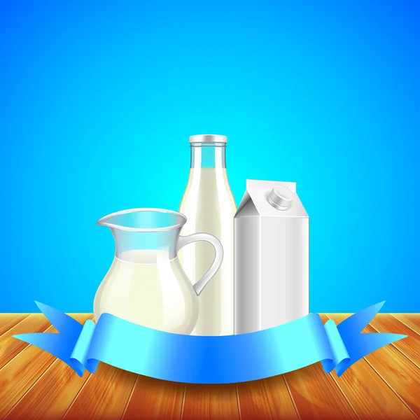 Milk with ribbon for text on wooden table, blue background — Stock Vector
