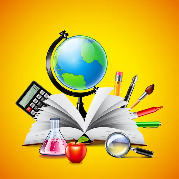Iskola koncepciója nyitott könyv és eszközök a sárga háttér — Stock Vector