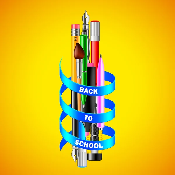 Outils de dessin scolaire avec ruban bleu sur fond jaune — Image vectorielle