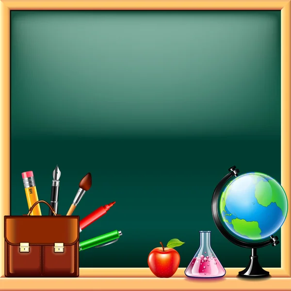Outils scolaires sur fond de tableau noir vert — Image vectorielle