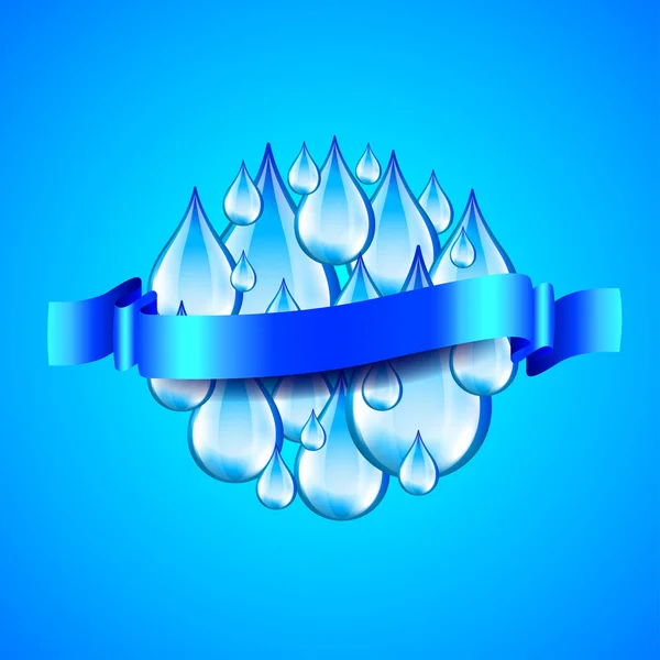 Esfera de gotas de agua y cinta para texto, fondo azul — Vector de stock