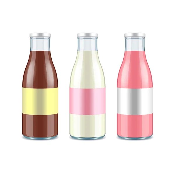 Tre glas mjölkflaskor. Jordgubb, choklad och klassiska smaker — Stock vektor