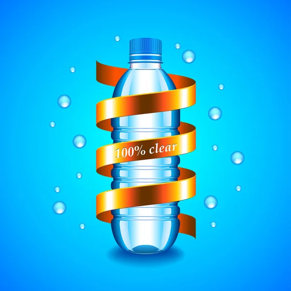 Concepto de agua con botella de plástico y cinta dorada — Vector de stock