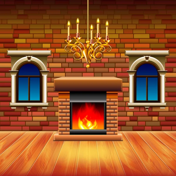 Vintage interior with wooden floor and fireplace — Stock Vector