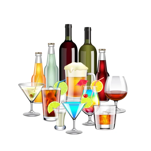 Alcohol drinks and cocktails composition isolated on white background — Stock Vector