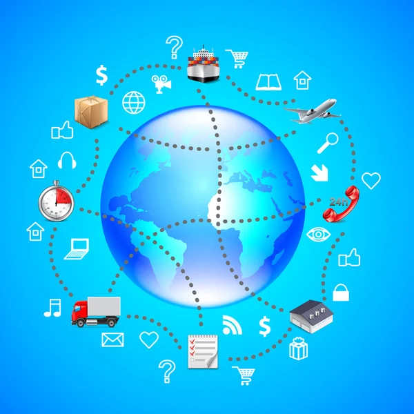 Earth globe and logistics icons around it on blue background — Stock Vector