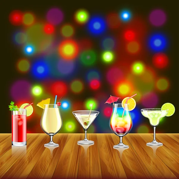 Cocktails on wooden table and bar lights background — Stock Vector