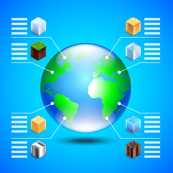 Infografías sobre recursos naturales con globo terrestre y cubos pequeños — Vector de stock