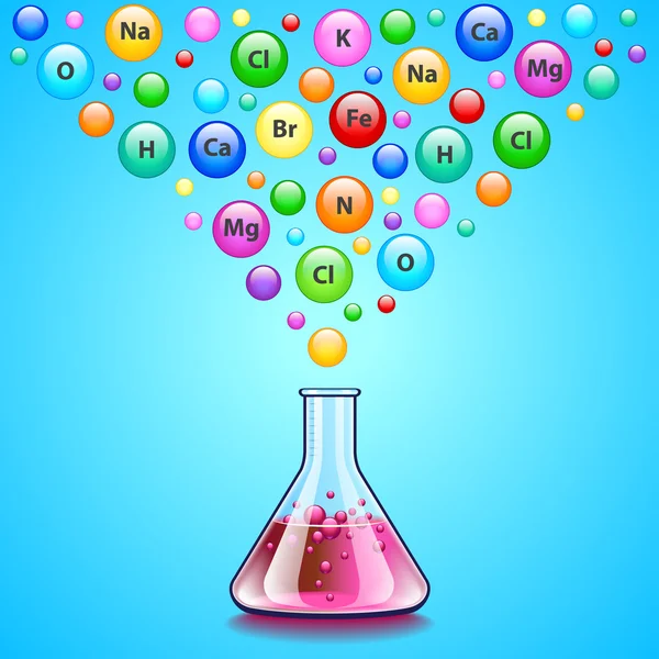 Laboratory flask and many bubbles with chemical elements — Stock Vector